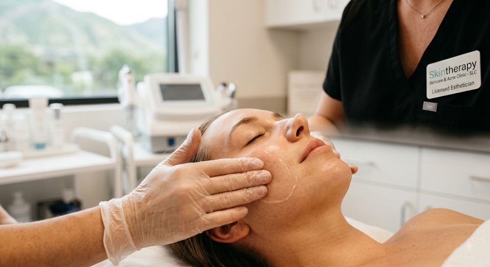 A close-up photograph capturing a radiant client receiving a gentle facial massage with a gel-like treatment from an esthetician at Skintherapy Skincare in Salt Lake City, Utah. The client is relaxed with closed eyes, showing healthy, luminous skin in a sunlit, professional clinic setting.